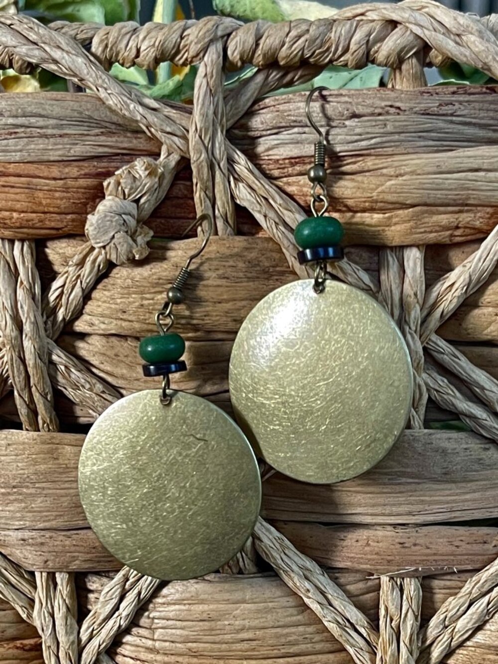 LAST PAIR Bohemian Brass Medallion Jade Beads Dangle Fishhook Rustic Earrings